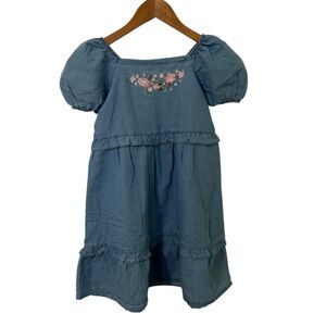 Nanette Lepore Girls Blue Chambray Puff Sleeve Embroidered Dress Size 10